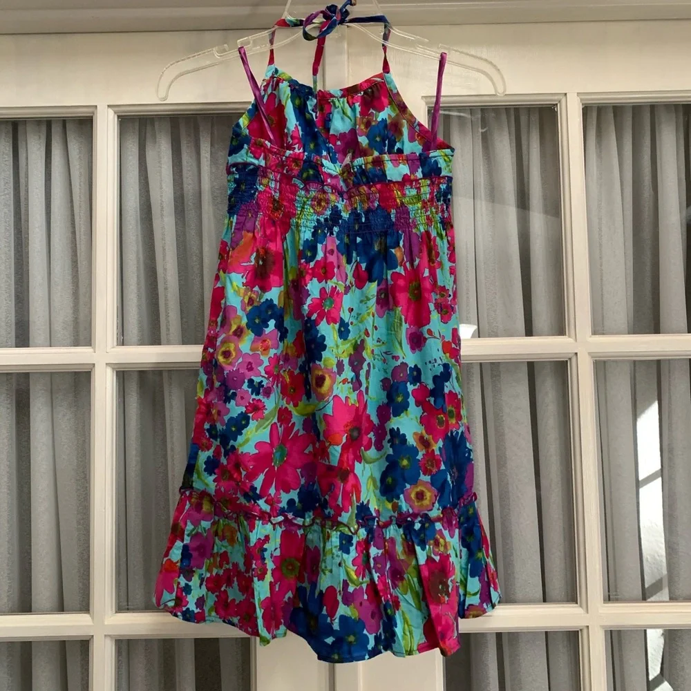 Girls turquoise/navy/pink flower print sun dress
